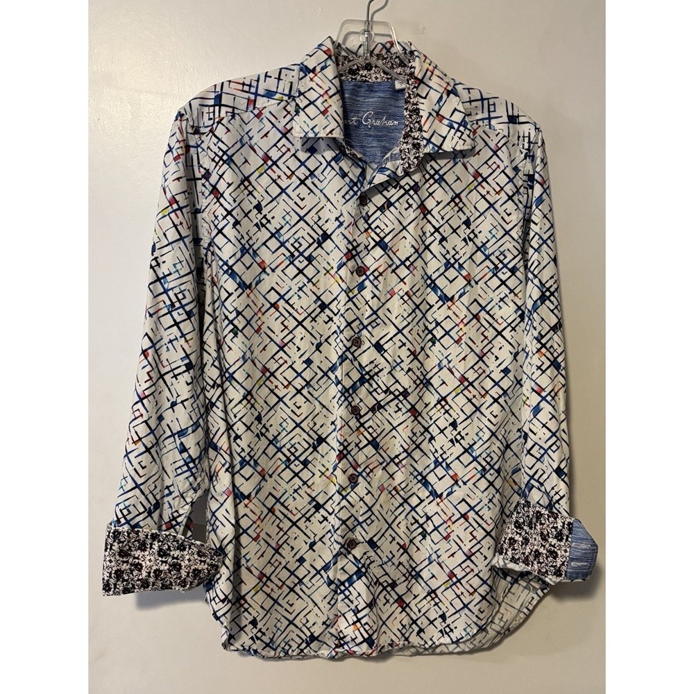 Robert Graham Classic Fit Button Down Abstract Geometric Pattern Flip Cuffs S